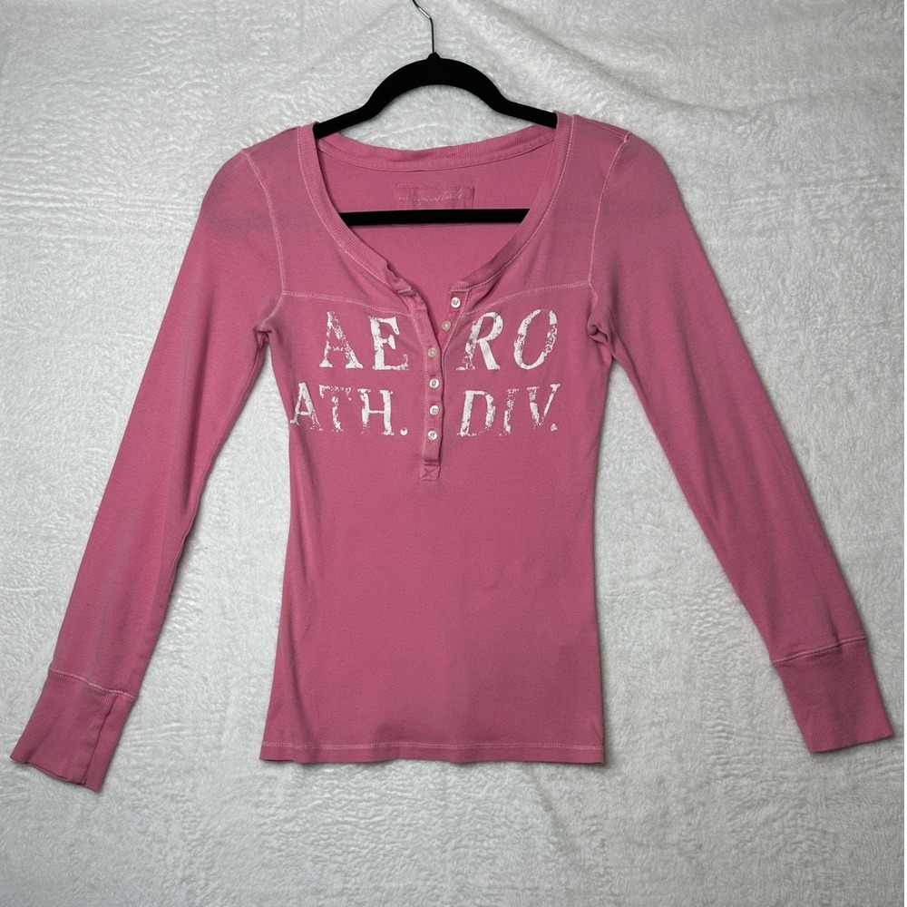 Aeropostale Henley Top Womens Medium Pink Y2K Graphic Long Sleeve Ribbed